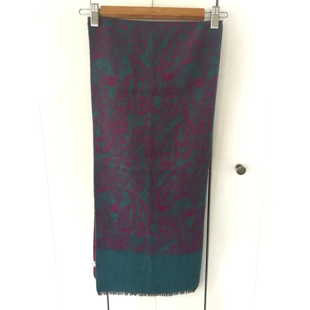 Jacobson's Scarf Made in France Paisley Print Magenta Teal Eyelash Trim